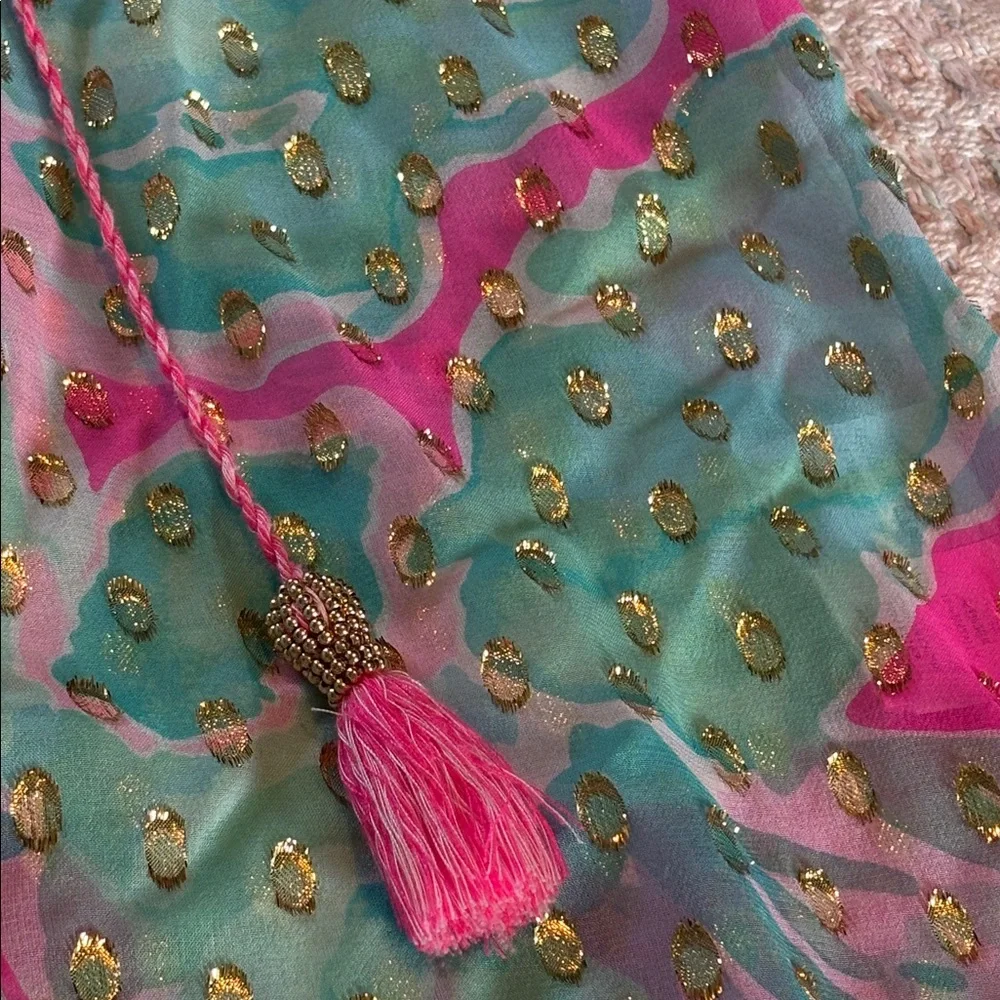 Lilly Pulitzer pink & blue silk blend blouse w/ gold details * sz MED - Picture 7 of 10